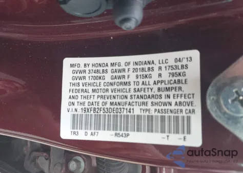 2013 Honda Civic Lx из США, поврежденный, VIN 19XFB2F53DE037141